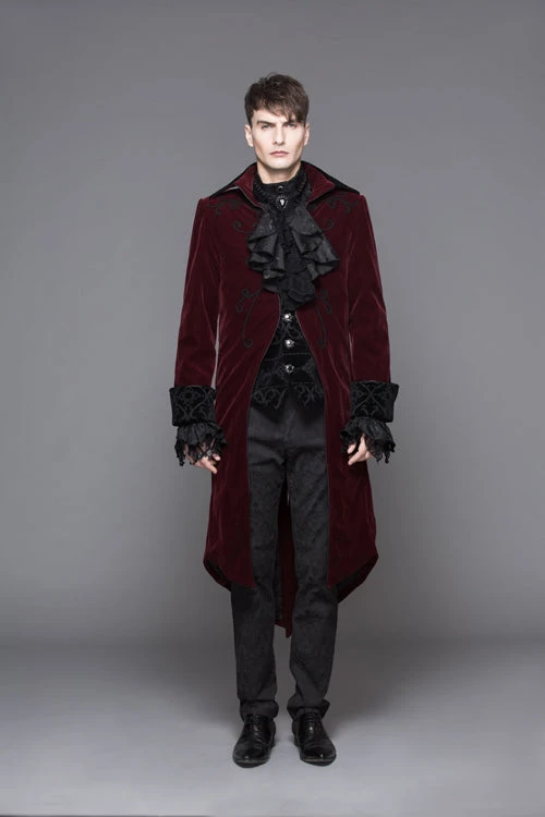 Red Party Fake Two Pieces Velvet Mens Gothic Long Coat 4 Red Party Fake Two Pieces Velvet Mens Gothic Long Coat - Image 2