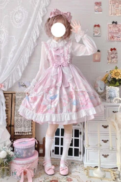 Pink Sleeveless High Waisted Rabbit Print Ruffle Bowknot Sweet Lolita Jsk Dress -LolitaInside dcaf88ba965671e38e9da8d19238d07b
