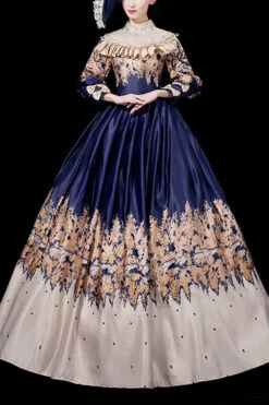 Blue Court Style High Waisted Half Sleeves Victorian Lolita Prom Dress