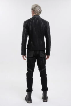 Black Stand Collar Stretch Faux Leather Twill Woven Men's Punk Jacket -LolitaInside dd076bd1271fd36e21ef67e8184cae6e