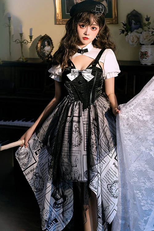 Black Fake Two Pieces Vintage Printed Irregular Hem Classic Lolita Dress 4 Black Fake Two Pieces Vintage Printed Irregular Hem Classic Lolita Dress - Image 2
