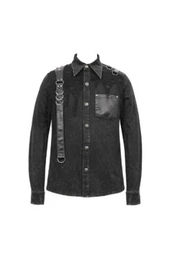 Black Asymmetric Left Shoulder Loop Mesh Rivet Snap Button Men's Punk Shirt -LolitaInside dd3518ad96e7d6fa12b042a0f4c3eb09