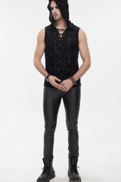 Black Punk Velvet Jacquard Chest Tie Sleeveless Hooded Men's Shirt -LolitaInside dd602e6979b15b48058ccbf676ec5873