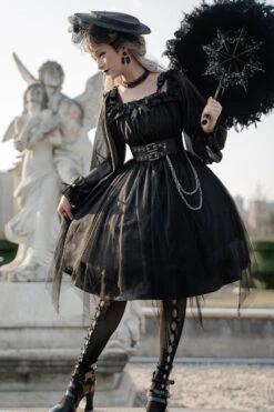 Black Square Collar Metal Chain Organza Stitching Gothic Lolita OP Dress (Short Version) -LolitaInside dd86402f5a6b2412116d3dec07f5a93b