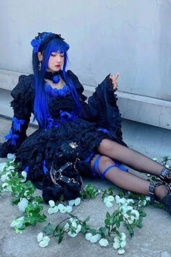 Black/Blue Puff Short Sleeves Princess Gothic Lolita Tiered Dress 16 Black/Blue Puff Short Sleeves Princess Gothic Lolita Tiered Dress -LolitaInside ddab35afc259b4c13f2277396c73a524