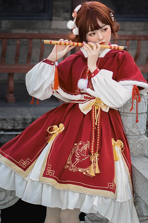 Red Chinese New Year Golden Crane Print Long Sleeve Sweet Lolita OP Dress 6 Red Chinese New Year Golden Crane Print Long Sleeve Sweet Lolita OP Dress - Image 4