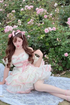 Pink/Beige Ballerina Style Bowknot Slim Fluffy Princess Sweet Lolita Tiered Dress -LolitaInside ddef2372833be3219ef2e8fea34073bb