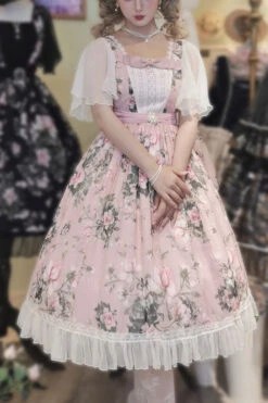 Pink Elegant Vintage French Rose Print Square Collar Ruffled Classic Lolita OP Dress