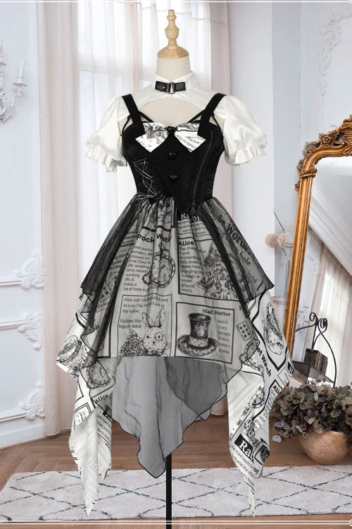 Black Fake Two Pieces Vintage Printed Irregular Hem Classic Lolita Dress 8 Black Fake Two Pieces Vintage Printed Irregular Hem Classic Lolita Dress - Image 6