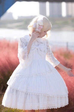 White Solid Color Tower Of Dawn Bowknot Sleeveless Ruffle Sweet Lolita Dress -LolitaInside de02906fd68d84298c39edfbd50c98b8