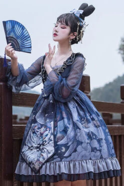 Dark Blue Unicorn Print Long Sleeves High Waisted Ruffled Classic Lolita OP Dress -LolitaInside de2833da5b5e8e9308440f50ca3696d0