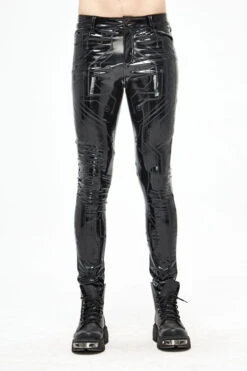 Black Punk Circuit Printed High Quality Stretchy Leather Tight Mens Pants