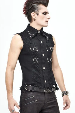 Black Worn Out Twill Mesh Decoration Rough Selvedge Hem Heavy Metal Men's Punk Waistcoat 16 Black Worn Out Twill Mesh Decoration Rough Selvedge Hem Heavy Metal Men's Punk Waistcoat -LolitaInside debf94d96a15fabec75240a95fac0e44