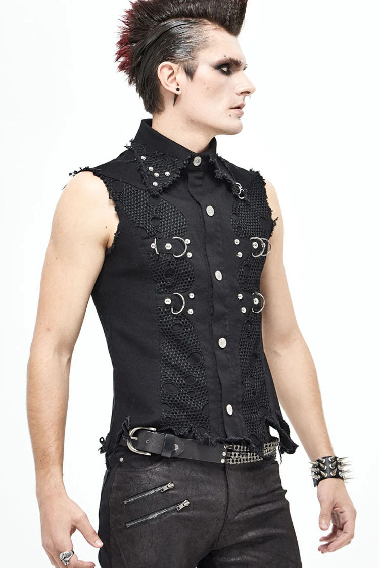 Black Worn Out Twill Mesh Decoration Rough Selvedge Hem Heavy Metal Men's Punk Waistcoat 6 Black Worn Out Twill Mesh Decoration Rough Selvedge Hem Heavy Metal Men's Punk Waistcoat - Image 4