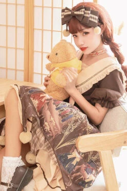 Brown Alchemist Cartoon Anime Print Doll Collar Bowknot Short Sleeves Multi-Layer Pompom Sweet Lolita OP Dress -LolitaInside df6ab8aebe7e3fa1ff16886827ef7c84