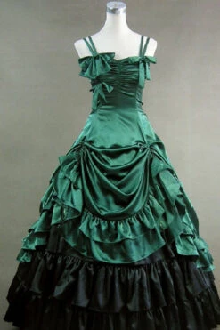 Green Cotton Sleeveless Floor Length Bowknot Multi-Layer Victorian Gothic Lolita Strap Dress