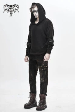 Brown Worn-Out Long Sleeve Elbow Leather Strip Lace-Up Hooded Coarse Knit Men's Punk Sweater -LolitaInside e055156efea9b3d8e40e7fb22590171b