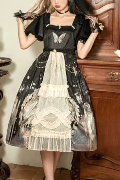 Vintage Elegant Lace Square Collar Bubble Short Sleeves Time Butterfly Print High Waisted Sweet Lolita Dress