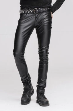 Black Wear Synthetic Leather Basic Model Punk Tight Mens Pants