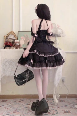 Black/Pink Lace Up Multi-layer Ruffle Cardigan Bowknot Gothic Lolita Jsk Dress -LolitaInside e1fab26deb308ee0ff9dbe326e763b8a