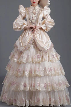 Champagne Lantern Sleeves High Waisted Three Dimensional Flower Print Victorian Lolita Prom Tiered Dress