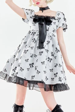 White Square Neckline Butterfly Print Short Sleeves Fungus Ruffled Sweet Lolita OP Dress