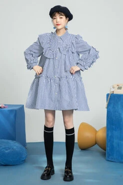Blue Plaid Print Bow Ruffled Long Sleeves Single Breasted Sweet Lolita OP Dress -LolitaInside e300f72b484d9139b226623bc4a6fdea