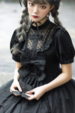 Black Elegant Round Collar Bowknot Short Sleeves High Waisted Gothic Lolita OP Dress -LolitaInside e38230ff485f4374b2fabcbfc1b9ecbd