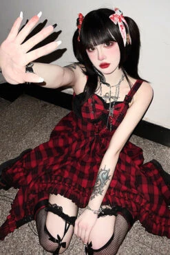 Red Scarlet Abby Style Irregular Plaid Printing Gothic Lolita JSK Dress -LolitaInside e3a8d1a0803c516699799ad581c6b95c