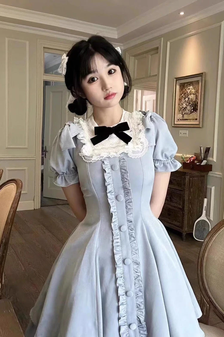 Light Blue Annie's Gift Short Sleeves Bowknot Short Version Sweet Lolita Dress (Plus Size Support) 6 Light Blue Annie's Gift Short Sleeves Bowknot Short Version Sweet Lolita Dress (Plus Size Support) - Image 4
