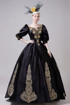 Boat Neck Half Sleeves High Waisted Three Dimensional Golden Floral Hollow Print Victorian Lolita Prom Dress -LolitaInside e430d5dd04143b9d283f629b65f8e03c