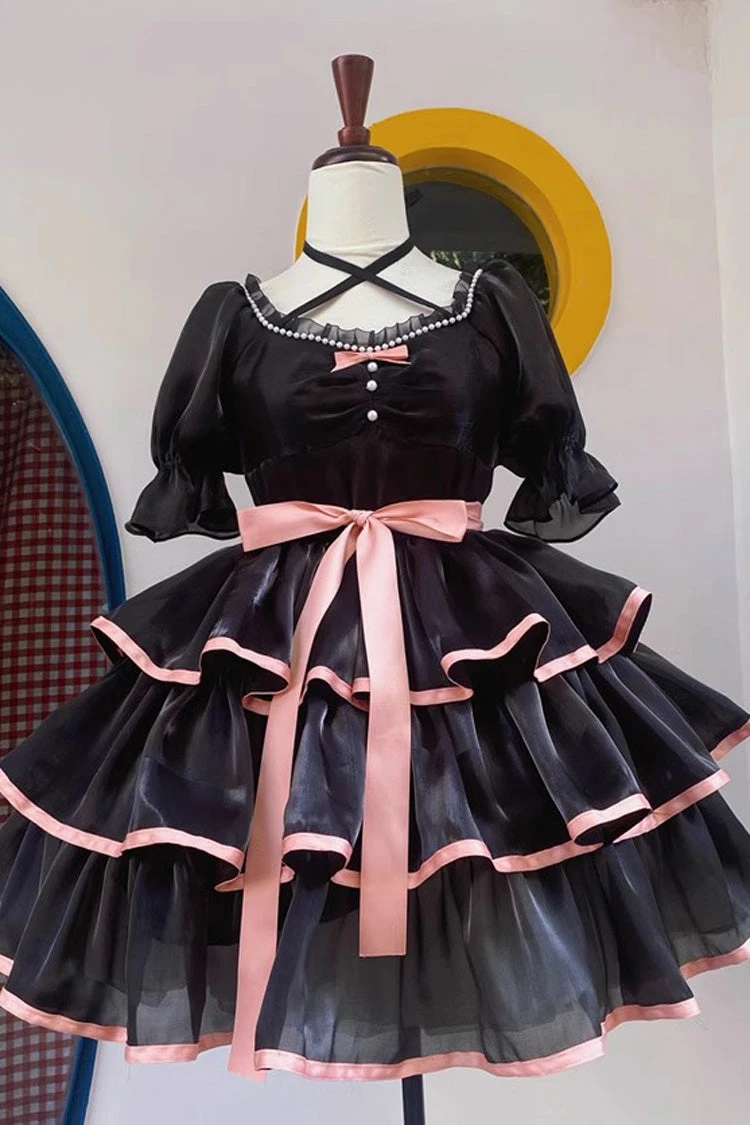 Rose Contrast Color Large Swing Tiered Short Sleeves Gothic Lolita OP Dress 3 Colors 3 Rose Contrast Color Large Swing Tiered Short Sleeves Gothic Lolita OP Dress 3 Colors