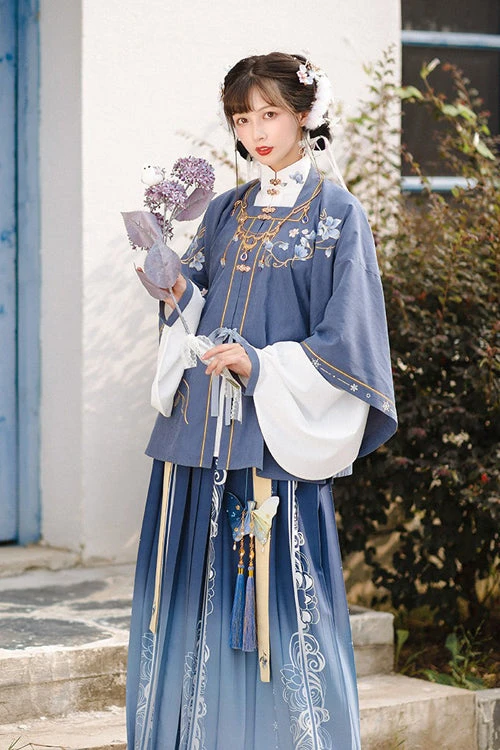 Original Improved Blue Chinese Style Ming Made Wide Sleeved Top High Waisted Skirt Embroidered Sweet Hanfu Three Piece Suit 4 Original Improved Blue Chinese Style Ming Made Wide Sleeved Top High Waisted Skirt Embroidered Sweet Hanfu Three Piece Suit - Image 2