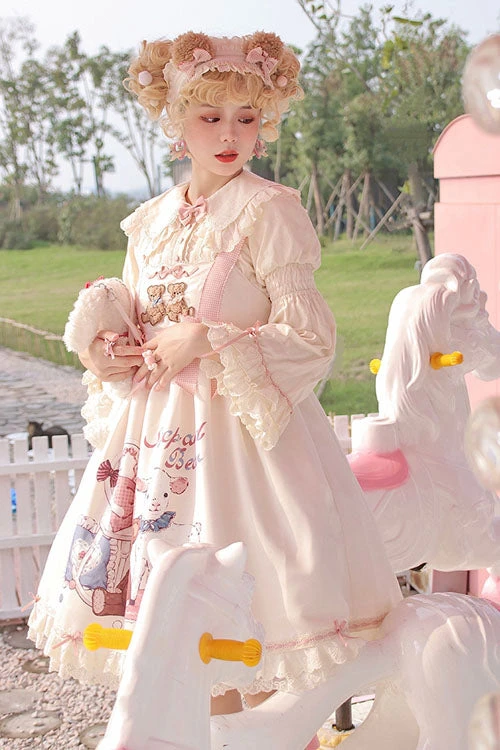 Ivory Sheep & Bear Print Alice Girl Bowknot Ruffled Sweet Lolita JSK Dress 6 Ivory Sheep & Bear Print Alice Girl Bowknot Ruffled Sweet Lolita JSK Dress - Image 4