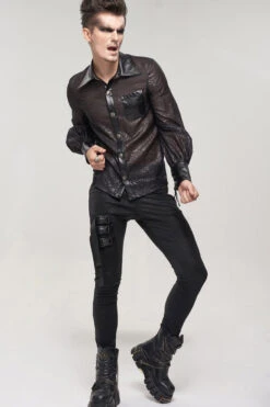 Black Punk Vertical Pattern Printing Cuff Drawstring Decoration See-Through Men's Shirt -LolitaInside e6393c6a40ee88ac6718a4111300a649