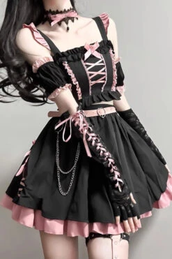 Black/Pink Tie Bow Gothic Sweet Lolita Strapless Skirt Dress 2 Pieces Set -LolitaInside e6447b8005dbed874448551bc6d52e00