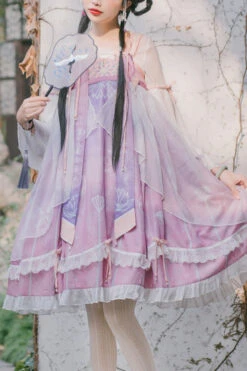 Original Chinese Han Elements Improved Lotus Print Sweet Hanfu Dress Full Set