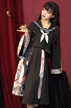 Black Bad Girl Chinese Elements Printed Asymmetric Pleated Skirt Full Set Of Classic Lolita Dress -LolitaInside e672b5cfcde81e021cfc0f95dbed6d37