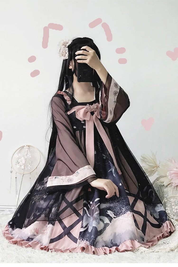 Black/Pink Chinese Style Long Sleeves Chest Bow Chiffon Sweet Lolita OP Dress 6 Black/Pink Chinese Style Long Sleeves Chest Bow Chiffon Sweet Lolita OP Dress - Image 4