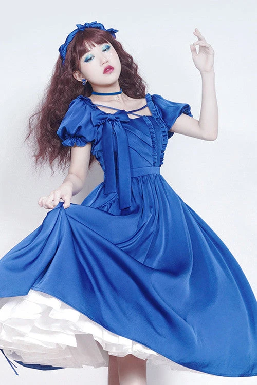 Blue Square Collar Ruffled Puff Short Sleeves High Waisted Classic Lolita OP Dress 5 Blue Square Collar Ruffled Puff Short Sleeves High Waisted Classic Lolita OP Dress - Image 3