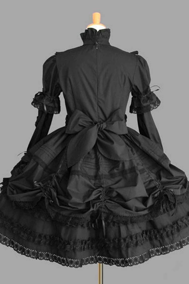 Black Cotton Stand Collar Long Sleeves Knee Length Bowknot Ruffled Multi-Layer Gothic Lolita Dress 4 Black Cotton Stand Collar Long Sleeves Knee Length Bowknot Ruffled Multi-Layer Gothic Lolita Dress - Image 2