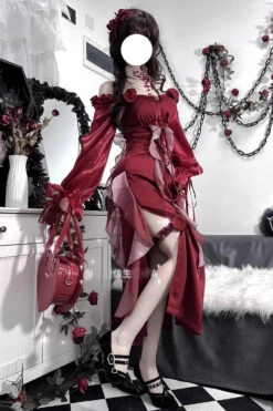 Red Rose Long Sleeves Bowknot Classic Elegant Lolita Strapless Dress