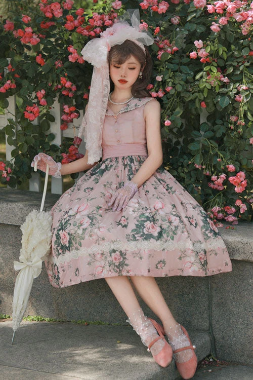Pink Elegant Vintage French Rose Floral Print V Collar Sleeveless Ruffled Classic Lolita JSK Dress 4 Pink Elegant Vintage French Rose Floral Print V Collar Sleeveless Ruffled Classic Lolita JSK Dress - Image 2