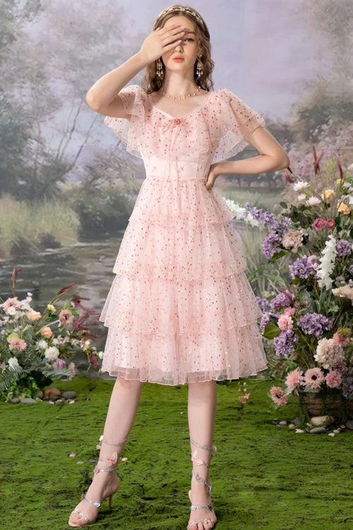 Pink Round Collar Ruffled Short Sleeves Polka Dot Print Sweet Lolita Tiered Dress 4 Pink Round Collar Ruffled Short Sleeves Polka Dot Print Sweet Lolita Tiered Dress - Image 2