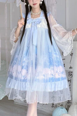 Blue Marine Jellyfish Print Bowknot Long Sleeves Ruffled Chinese Style Sweet Lolita Dress