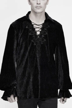 Black Velvet Elastic Lantern Sleeves Mens Gothic Blouse