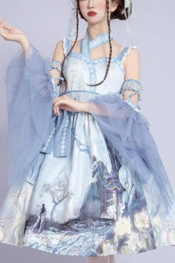 Light Blue Vintage Landscape Garden Chinese Style Print High Waisted Ruffled Classic Lolita JSK Dress