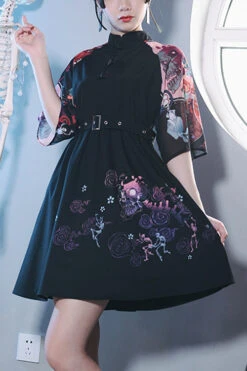 Black Stand Collar Hundred Ghosts Night Walk Colorful Print Short Sleeves High Waisted Sweet Lolita Dress