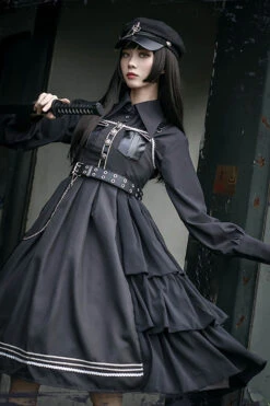 Dark V Neck Bowknot Rivets Epaulettes Sleeveless Military Uniform PU Gothic Lolita Jsk Dress -LolitaInside e992e49d0500e51b14ed7d2022cdb266