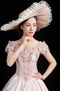 Pink Boat Neck High Waisted Hollow Embroidery Floral Print Multi-Layer Victorian Lolita Prom Dress -LolitaInside e9a9e14cb3679ec73d32f2b658e24801